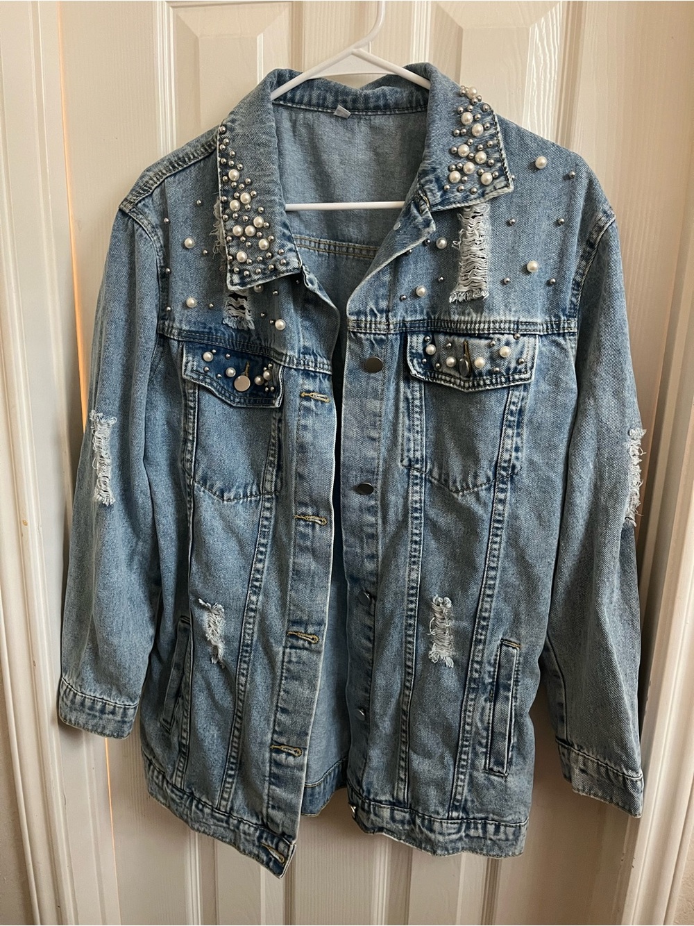SHEIN Light Blue Pearl & Stud Distressed Denim Jacket